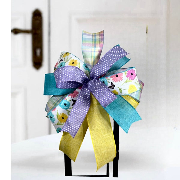 Blue and Yellow Spring Wreath Bow, Easter Lantern Swag Topper, Floral Summer Bow with Streamers, Cottage Charm Decor, Summer Door Hanger