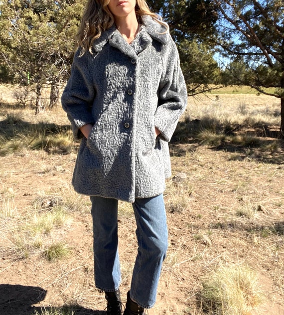 Grey 1950s Textured Faux Fur Coat by 
