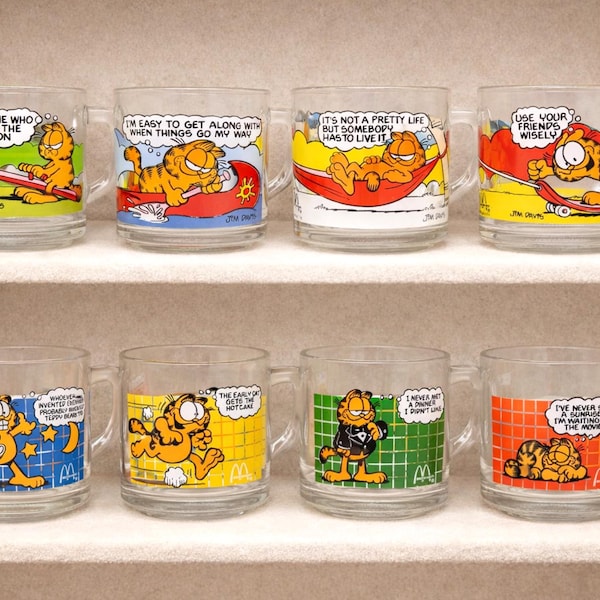 Vintage 1987 McDonald's Garfield Glass Mugs - Original and Checkered