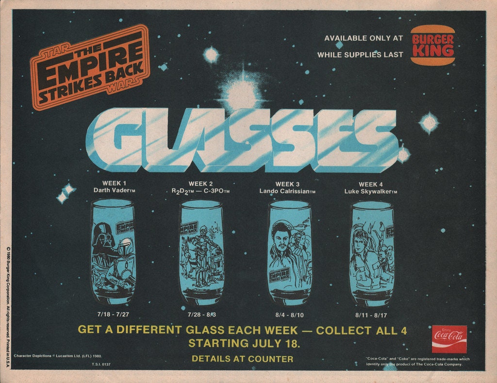 1980s Star Wars Burger King Coca Cola Glasses, CHOOSE YOUR