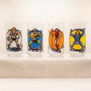 Vintage 1983 He-Man Masters of the Universe (MOTU) Glass Set by Mattel Inc., SUPER RARE