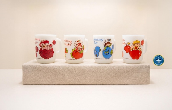 Vintage 1980 Strawberry Shortcake Mugs - Anchor Hocking Milk Glass