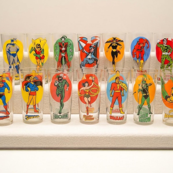 Vintage 1976 Pepsi Super Series DC Comics Superhero Drinking Glasses - Full Collection