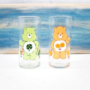 Vintage 1983 Care Bears Collector's Series Pizza Hut Drinking Glasses - RARE Extended Series w Good Luck & Friend Bear! FREE SHIPPING