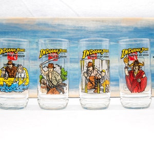 Vintage 1984 Indiana Jones & the Temple of Doom 7-Up Glasses, RARE - FREE SHIPPING