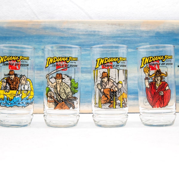 Vintage 1984 Indiana Jones & the Temple of Doom 7-Up Glasses, RARE - FREE SHIPPING