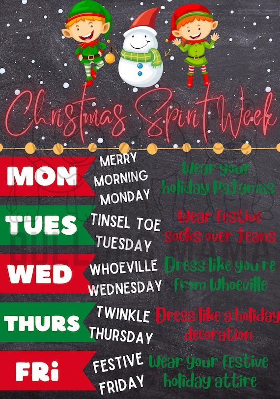 christmas theme dress up days for work Christmas Spirit Week Flyer Printable Office Spirit Flyer Template Holiday  Theme School Spirit Week Itinerary December Spirit Week Schedule