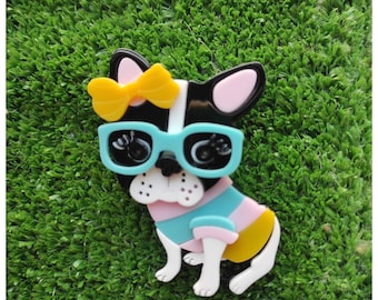 Little dog brooch pin, acrylic brooch vintage art deco, dog with glasses, safety pin brooch, gift for my daugther,  for my love, funny gift