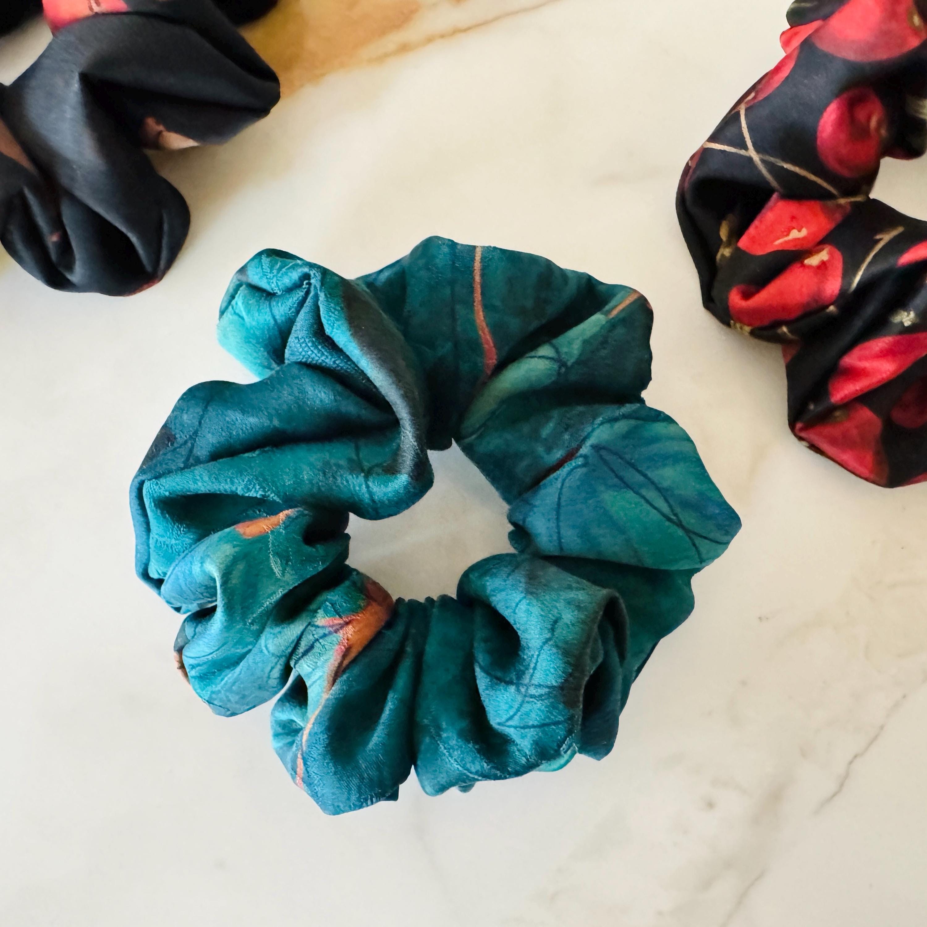 THE WAVE | Luxurious Teal Silk Xiangyunsha Oversized Scrunchie Silk Scrunchies – Silk & Waves main image 2