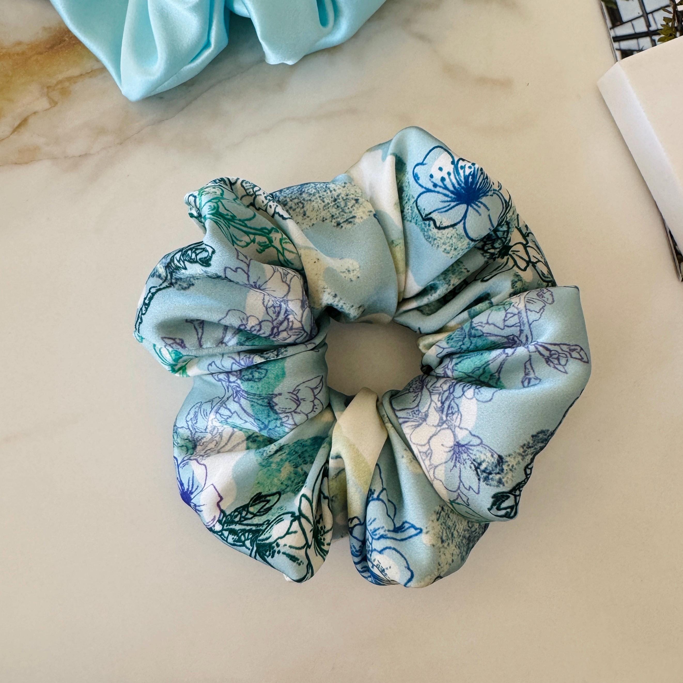 Handmade Silk Scrunchie - Blue Floral Soft Hair Tie