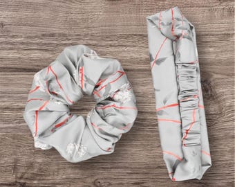 20 Momme Maulbeerseide Scrunchie, moderne graue abstrakte Seidenhaarschleife, passendes Stirnband erhältlich