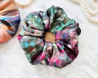 Jumbo Maulbeerseide Scrunchie, künstlerische dunkle Blumenhaargummi, Luxus Seide elastisch