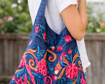 Sac fourre-tout en denim brodé, sac à bandoulière floral fait main, sac à main bohème, sac fourre-tout brodé bohème