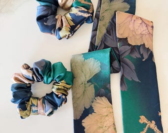 Handmade Mulberry Silk Scarf and Scrunchie Set: Floral Hair Tie
