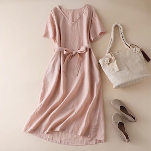 Handmade Linen Dress with Pockets: Short Sleeve Summer Dress