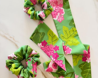 Handmade Floral Mulberry Silk Scarf and Scrunchie Set