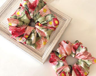 22 Momme Mulberry Silk Scrunchie, Pink Rose Floral Hair Tie, Jumbo Silk Elastic