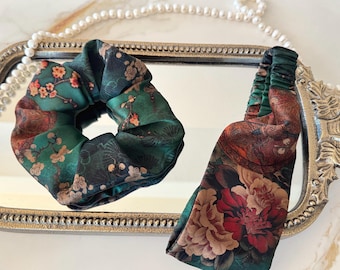 Emerald Green Vintage Floral Silk Scrunchie, Matching Silk Headband, Oriental Botanical Xiangyunsha Silk Hair Accessories