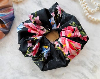 Mulberry Silk Scrunchie, Black Floral Vintage Tie, Luxury Silk Hair Elastic