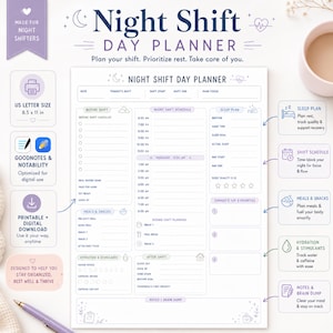 Könnte beinhalten: Ein weißes Night Shift Day Planner Blatt mit violettem Text und Symbolen. Das Layout enthält Abschnitte für Schichtpläne, Schlafpläne, Mahlzeiten, Flüssigkeitszufuhr und Notizen. Das Format beträgt 21,59 x 27,94 cm für Druck oder digitale Nutzung.