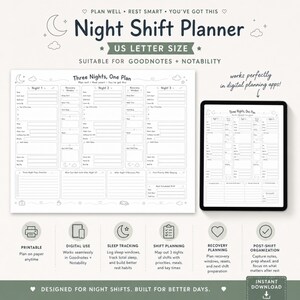 May include: A digital and printable Night Shift Planner template in US Letter size. The layout features sections for three nights of shift planning, recovery windows, sleep tracking, and meal logs. It includes text labels like Three Nights, One Plan, and is compatible with digital apps like Goodnotes and Notability.