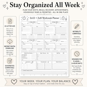 May include: A 8.5 x 11 inch digital workweek planner template titled 2x12 + 2x8 Workweek Planner. The layout includes sections for 12-hour and 8-hour shifts, weekly hours summary, sleep, meal prep, appointments, household tasks, and weekly priorities.
