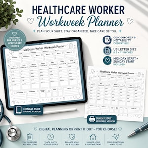 Puede incluir: Un planificador semanal para trabajadores de la salud, digital e imprimible, con un diseño semanal que incluye secciones para turnos, prioridades personales y tareas del hogar, en formato de 21,59 x 27,94 cm, compatible con Goodnotes.