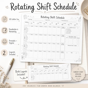 May include: A white paper rotating shift schedule planner with black text and line art icons. The document features a weekly grid layout, a shift key, rotation overview, shift changes, and notes section. It includes two distinct layout versions.