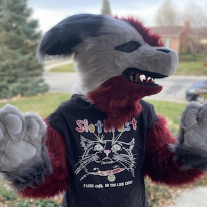 Może przedstawiać: Furry kostium z szarą i czarną głową smoka, czerwonymi i szarymi akcentami futra oraz dużymi szarymi łapami. Kostium zawiera czarny t-shirt z napisem "Slothtrust" i grafiką kota.