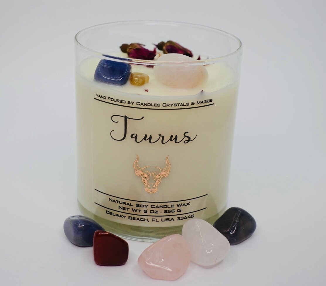 Horoscope Taurus Zodiac Candles With Crystals 9oz 100 Soy Etsy