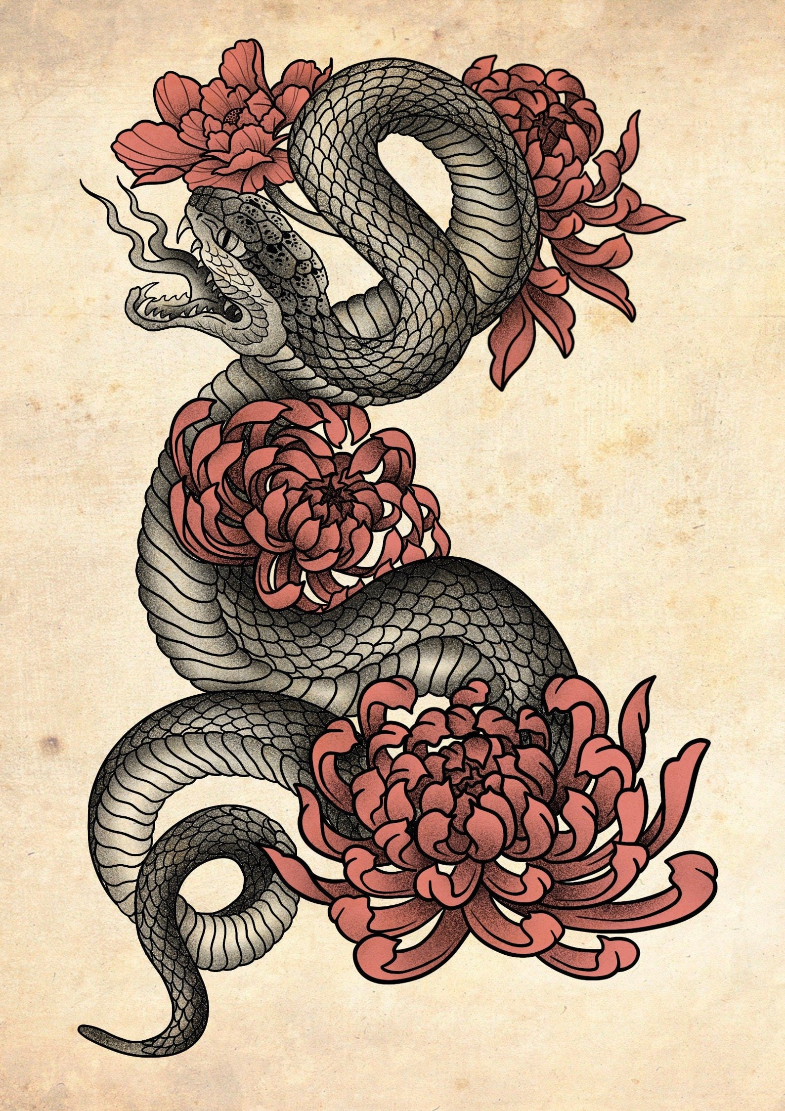 Snake Print Traditional Japanese Style Etsy