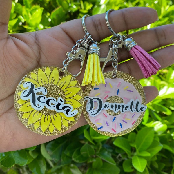 Personalized Sunflower or Donut keychain / custom name / round acrylic keychains with tassel