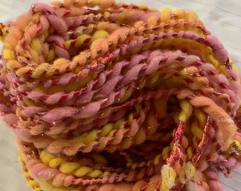 Handspun Bulky Chunky Art Yarn plyed with ribbon, Falkland wool/mulberry silk, pink, orange, yellow