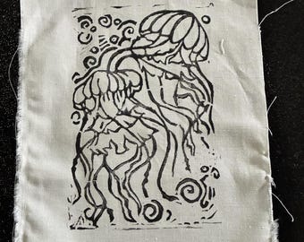 Jellyfish block print, art print, ink print, hand carved print, original illustration, home decor, gift, hand crafted, ocean theme, fabric