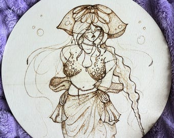 Wood-burned jellyfish design, ocean decor, wood burn art, ocean art, handmade, one of a kind, jellyfish, art, wood art, fantasy art, mermaid