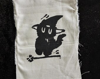 Witchy cat block print, art print, ink print, cat print, original illustration, home decor, gift, hand crafted, witchy, fabric print, whimsy