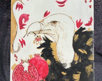 Wood-burned Vulture design, home decor, wood burn art, pomegranate art, handmade, one of a kind, greek myth, art, wood art