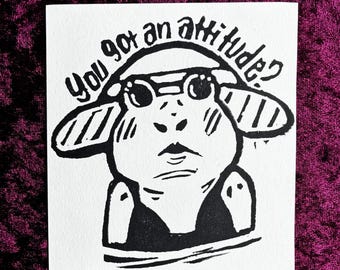 Frog block print, art print, ink print, hand carved print, original illustration, home decor, gift, funny print, hand crafted, linocut