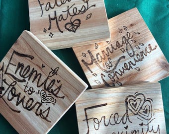 Drink coasters, hand woodburned coasters, book tropes, reader, fated mates, romance reader, fantasy romance, book merch, hand crafted, decor
