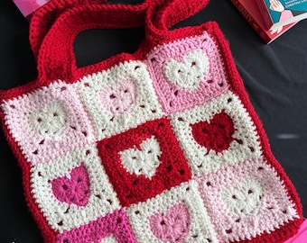 Crochet heart bag, Handmade granny square tote, Crochet tote bag, Valentines gift, Gifts for her, Love bag, Colorful bag, book bag