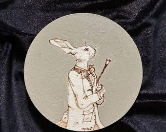 Wood-burned hare design, home decor, wood burn art, white hare art, handmade, one of a kind, whimsical art, art, wood art