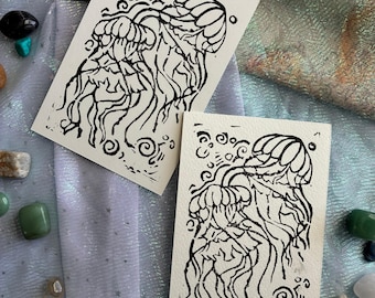 Jellyfish block print, art print, ink print, hand carved print, original illustration, home decor, gift, hand crafted, ocean theme