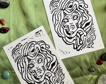 Medusa block print, art print, ink print, hand carved print, original illustration, home decor, gift, greek myth, snakes, hand crafted