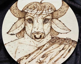 Wood-burned minotaur design, minotaur decor, wood burn art, minotaur art, handmade, one of a kind, greek myth, art, wood art, monster art