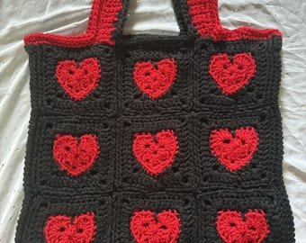 Crochet heart bag, Handmade granny square tote, Crochet tote bag, Gifts for her, Love bag, red and black bag, book bag, heart bag