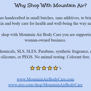 May include: A light blue graphic with the text "Why Shop With Mountain Air?" and information about organic, plant-based skin and body care. The text also mentions the products are handcrafted, sans additives, and the business is woman-owned. The image includes a five-star rating.
