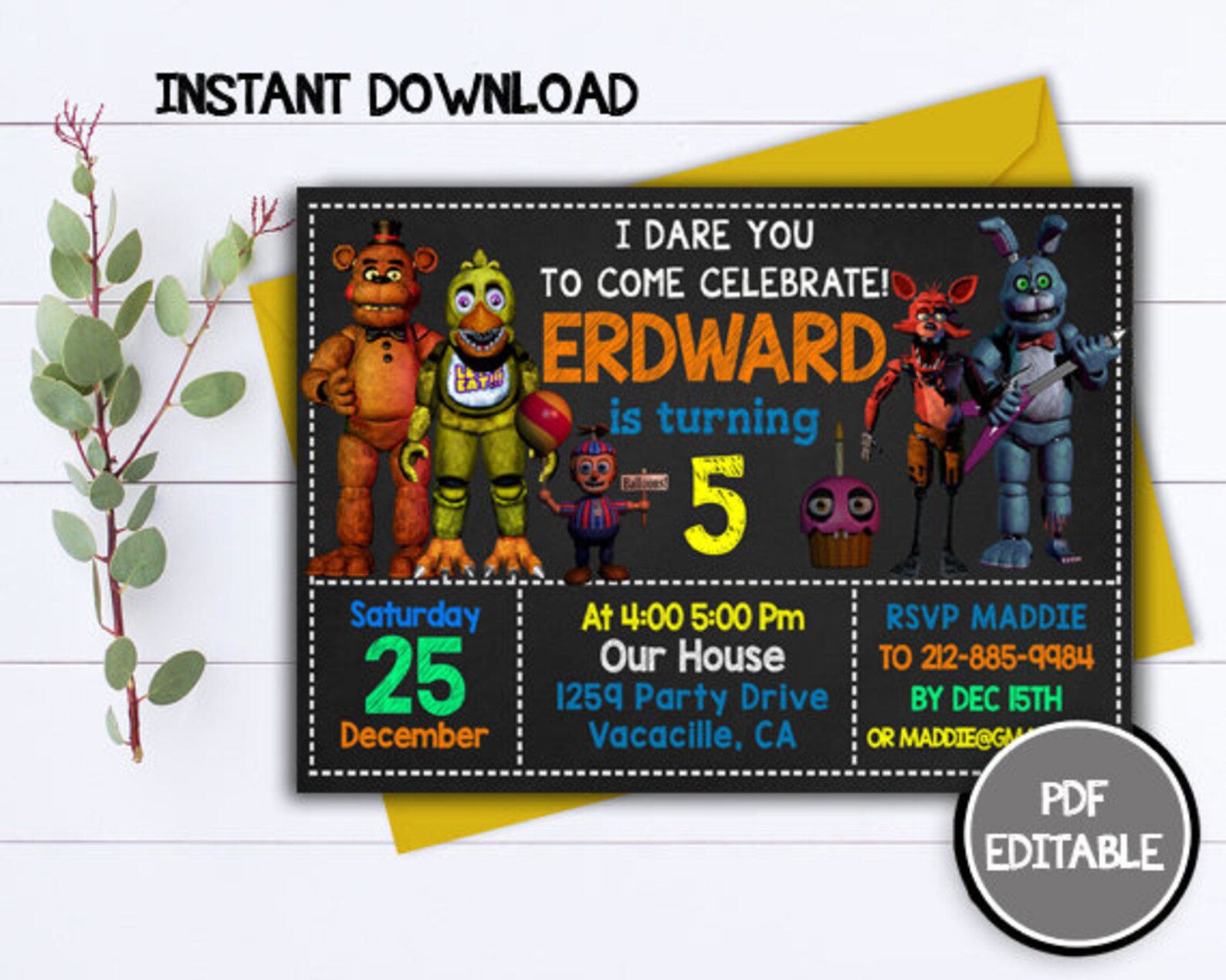 Editable FNAF Invitation Five Nights at Freddy's | Etsy