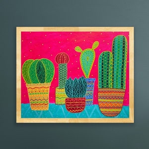 Folk art painting cacti, Colorful folk art painting print, Mexican cactus print, Mexican folk art print, Colorful still life