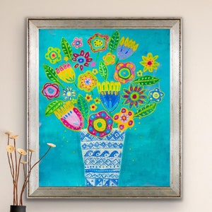 Colorful folk art painting original on paper, Naive painting, Outsider art original painting, Modern folk art, Whimsical folk art