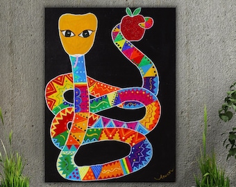 Snake painting, Mexican folk art painting original, Southern folk art, Folklore painting, Naive painting, Outsider art original painting
